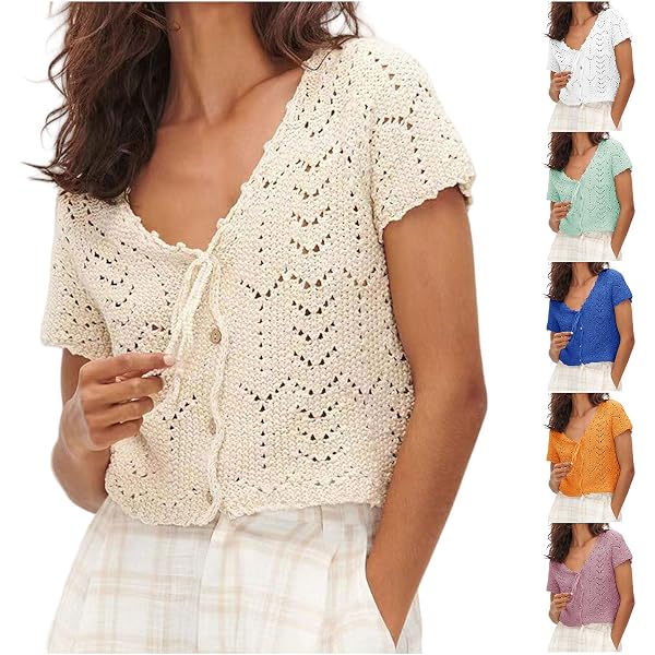 Crochet Tops for Women V Neck Short Sleeve Shirts Knitted Hollow